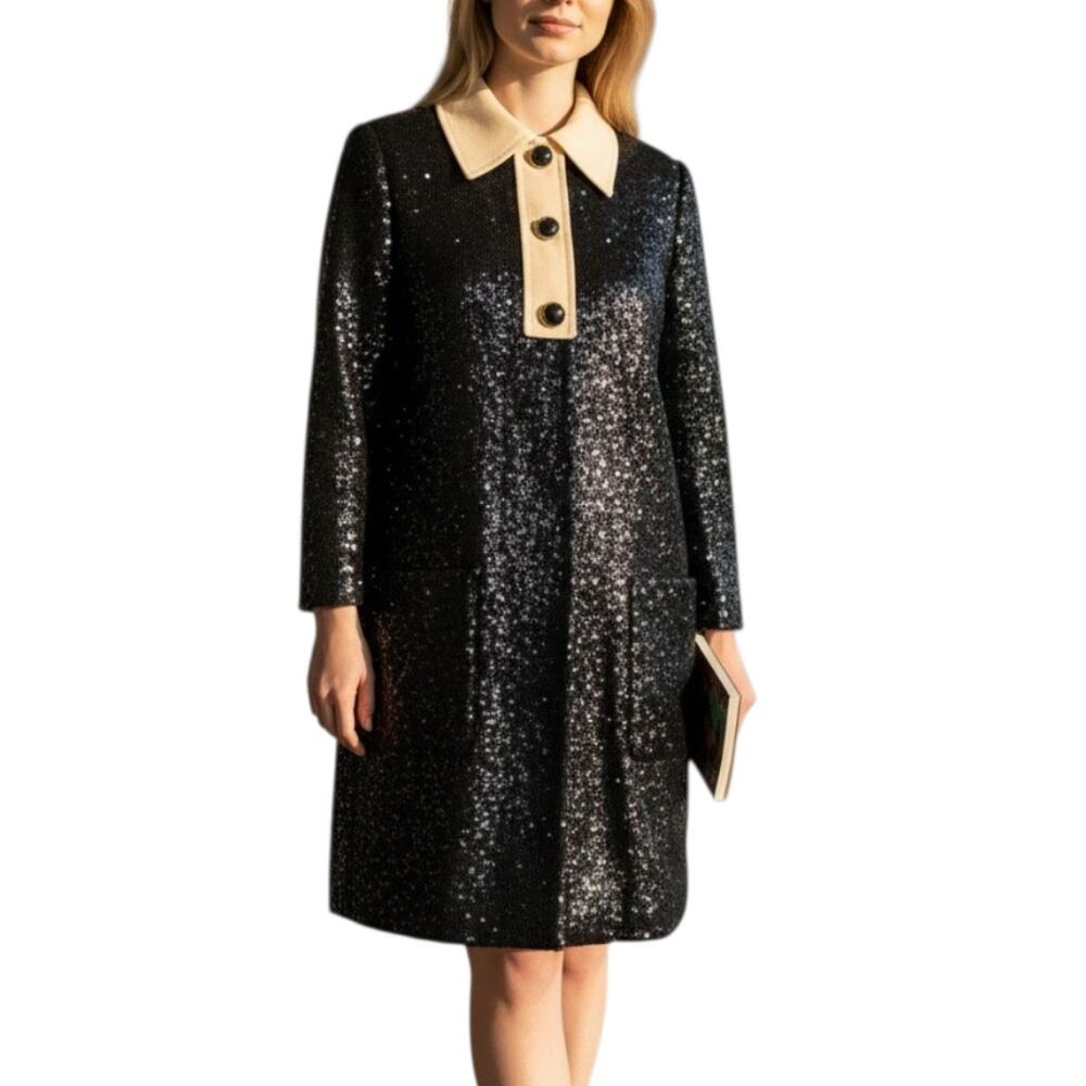 Miu Miu Sequined Collared Long Sleeve Mini Dress Black Women's Size 36